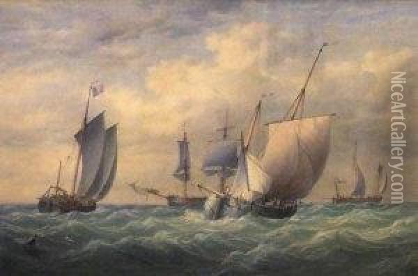 Dutch Shipping In A Stiff Breeze Oil Painting - William Joy