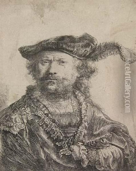 Self-portrait In A Velvet Cap With Plume Oil Painting - Rembrandt Van Rijn