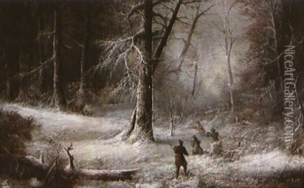 Deer Hunters In A Snowy Forest Oil Painting - Ludwig Holthausen