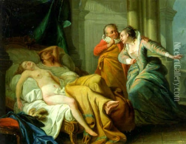 A Woman Discovering Lovers In A Bed Oil Painting - Carle van Loo