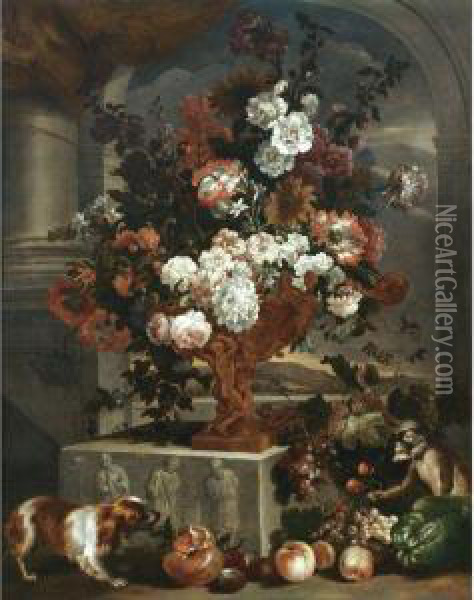 Still Life With A Large Bouquet 
Of Flowers In A Sculpted Bronze Urnresting On A Carved Stone Base, 
Together With A Spaniel, A Monkeyand Various Fruit Oil Painting - Pieter III Casteels