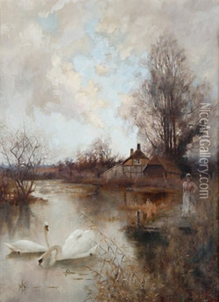 Swans On River Oil Painting - Valentine Davis