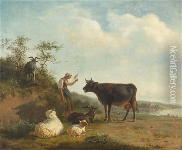 Hirtin Mit Vieh In Einer Flusslandschaft Oil Painting - Jean Daniel Huber