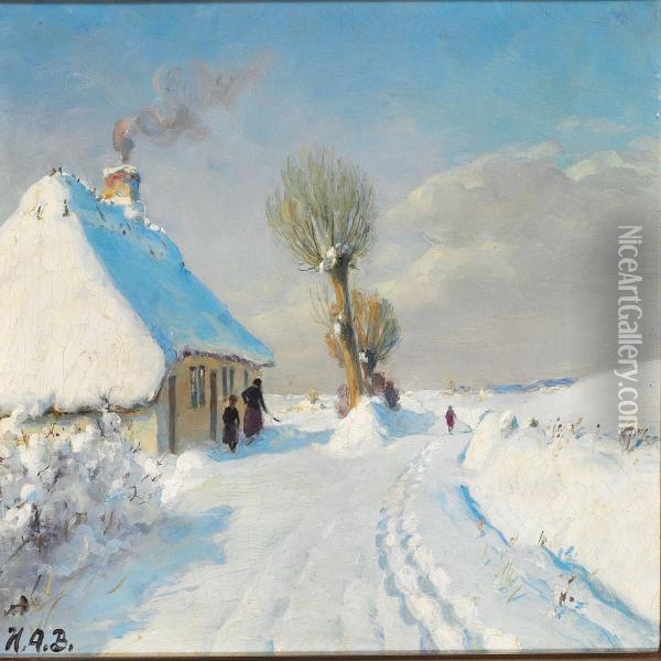 Sunny Winter Day With Mother And Child In Front Of A Cottage Oil Painting - Hans Anderson Brendekilde