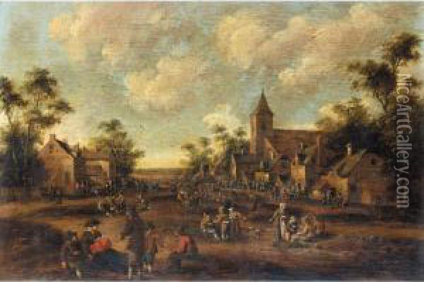 Village Scene With Crowds Of Figures Before A Church Oil Painting - Cornelius Droochsloot