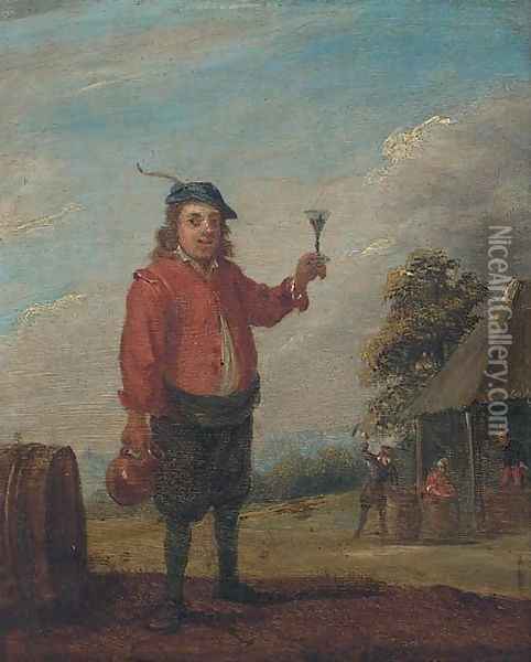 A peasant holding a jug and a roemer of wine near an inn Oil Painting - David The Younger Teniers