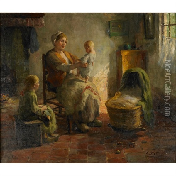 An Interior Scene With Mother And Children Oil Painting - Evert Pieters