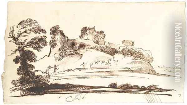 An extensive landscape with a ruined fort on a hill Oil Painting - Giovanni Francesco Barbieri
