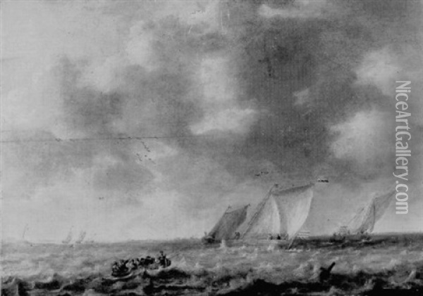 Figures In A Rowing Boat In Choppy Waters With Dutch Pinks Off A Coastline Oil Painting - Willem van Diest