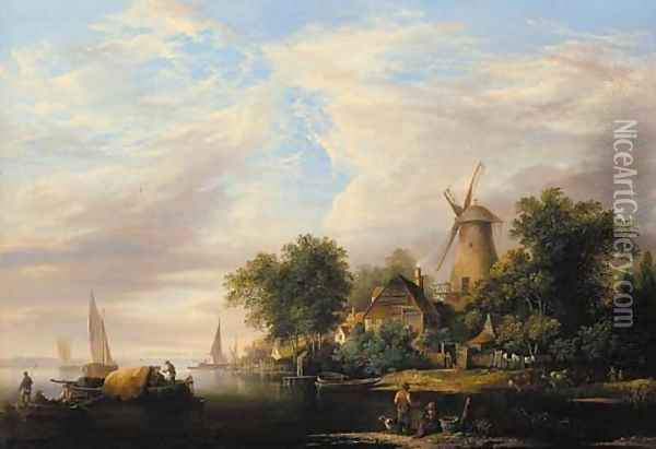 A river estuary with a windmill and cottages, boats in the foreground and cattle watering at the river edge Oil Painting - Edward Williams