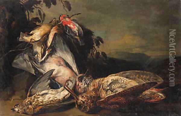 Dead songbirds, a jay, and a snipe in a landscape Oil Painting - Jan Fyt