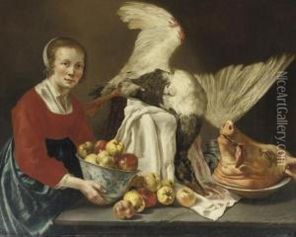 A Kitchen Maid Holding A Porcelain Bowl With Apples, Standing By A Table With A Goose And A Pig's Head Oil Painting - Odekercken Willem