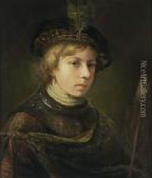 A Portrait Of A Young Man, Bust 
Length, Wearing A Fantasy Costume And A Beret With A Feather, Holding A 
Feather In His Left Hand Oil Painting - Rembrandt Van Rijn