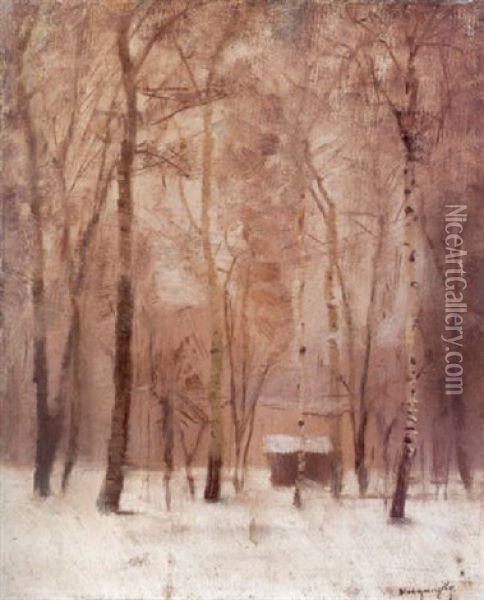 Erdei Haziko Teli Tajban (cottage In Winter Landscape) Oil Painting - Laszlo Mednyanszky