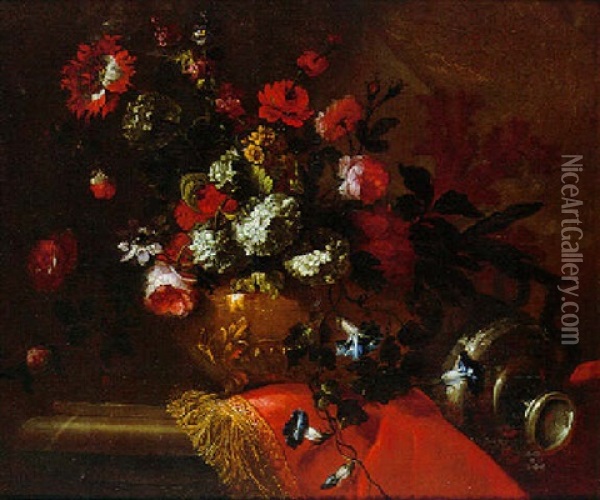 Blumenstraus In Einer Prunkvase Auf Einem Steinernen Tisch Oil Painting - Jean-Baptiste Belin de Fontenay the Elder