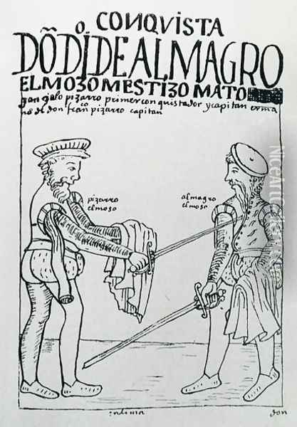 Gonzalo de Pizarro c.1502-48 Kills Diego de Almagro 1475-1538 Oil Painting - Felipe Huaman Poma de Ayala