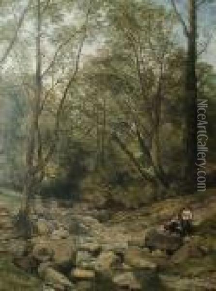 Figures By A Rocky Stream Oil Painting - Thomas Creswick