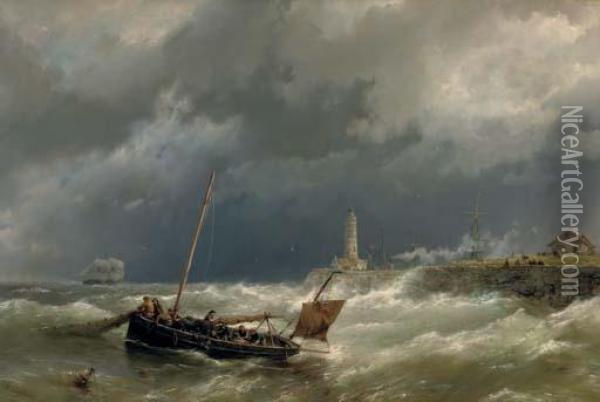 Gathering The Nets On A Stormy Sea Oil Painting - Hermanus Koekkoek
