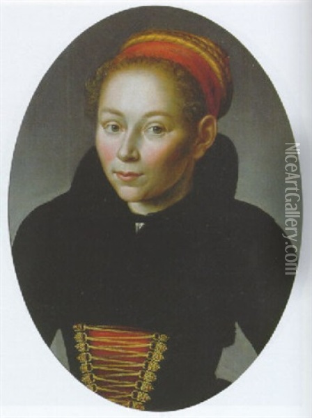 Portrait Of A Woman, Wearing A Provincial Costume And A Red Ribbon In Her Hair Oil Painting - Jan Claesz