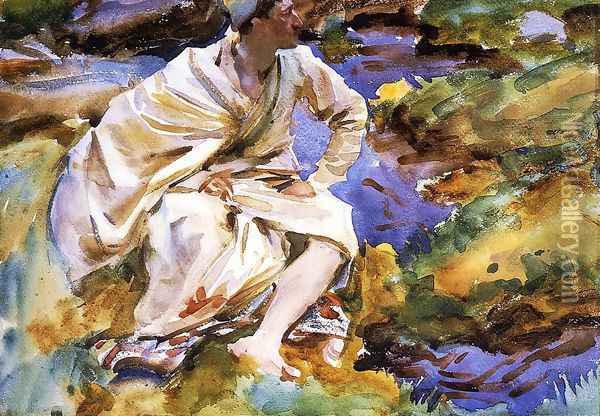 A Man Seated by a Stream, Val d'Aosta, Purtud Oil Painting - John Singer Sargent