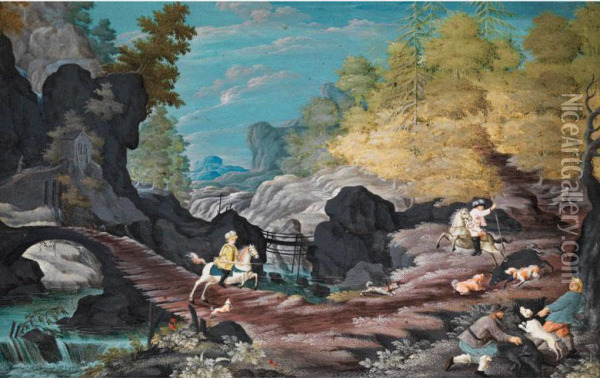 Sauhatz Zu Pferd In Bergigerherbstlandschaft Oil Painting - Wolfgang Hogler