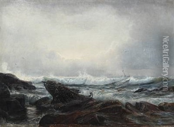 Coastal Scene With Schooner Capsizing In The Stormy Sea Oil Painting - Holger Henrik Herholdt Drachmann