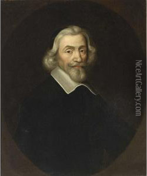 Portrait Of A Clergyman, Aged 75, Bust Length In A Painted Oval Oil Painting - Jan Van Somer