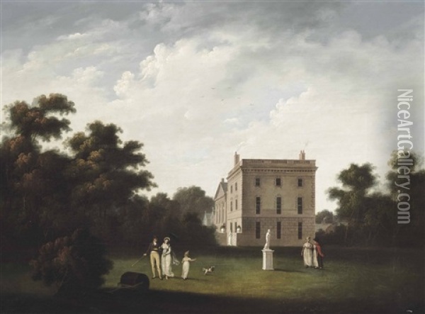 A View Of Allerton Hall, Liverpool, With Elegant Figures Conversing Oil Painting - John Pennington