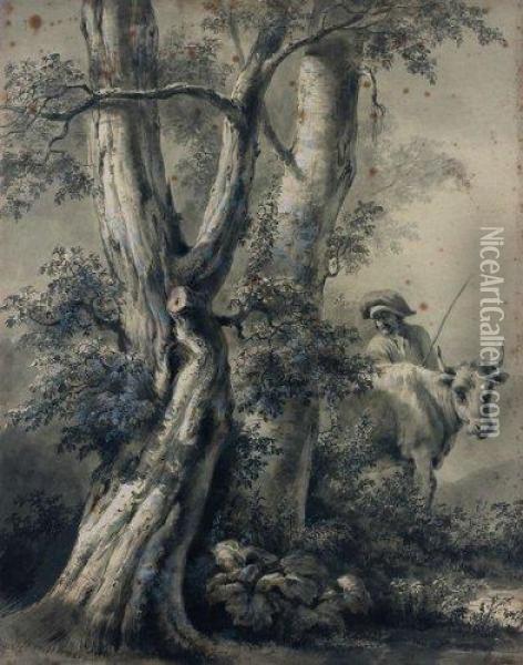Etude D'arbre Avec Un Berger Et Une Vache Oil Painting - Jean-Jacques De Boissieu