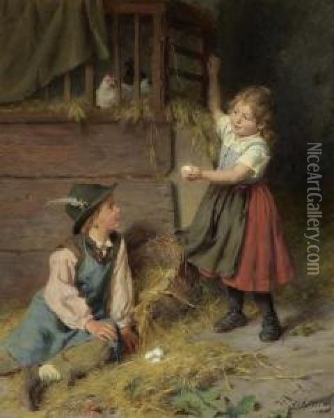 Children Collecting Eggs. Oil Painting - Felix Schlesinger