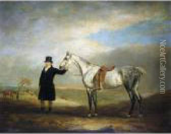 A Grey Mare Held By A Groom Wearing A Blue Coat, A Hunt Beyond Oil Painting - John Snr Ferneley