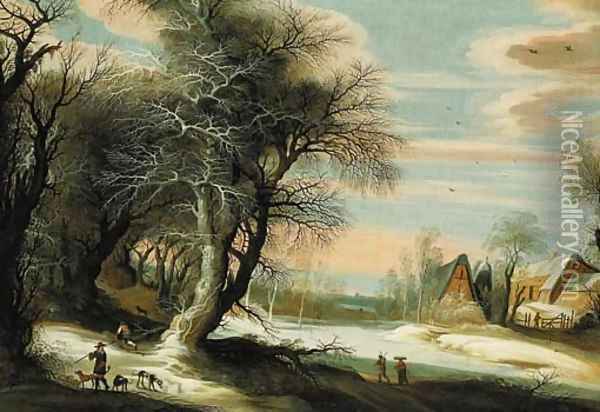 A winter landscape with a barn and travellers passing through, a city beyond Oil Painting - Gijsbrecht Leytens
