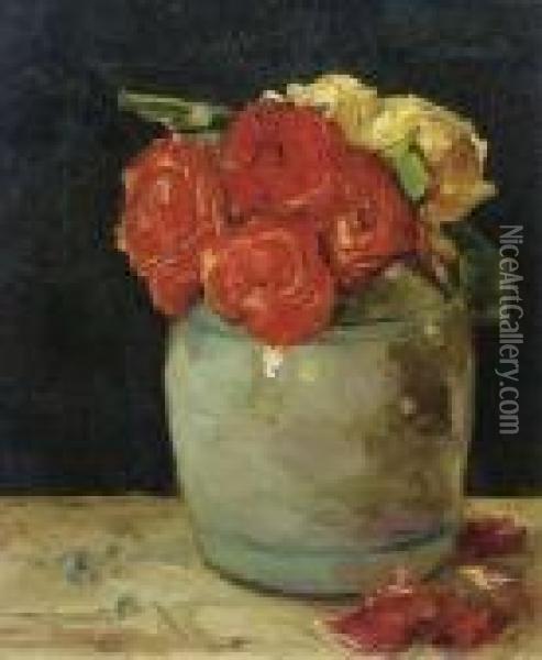 Gemberpot Met Rozen: Roses In A Clay Pot Oil Painting - Floris Verster