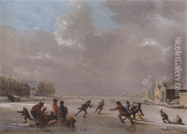 A Winter Landscape With Skaters On A Frozen River Oil Painting - Vincent Jans van der Vinne