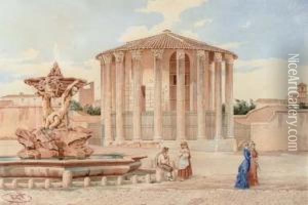 Elegant Figures Before The Temple Of Vesta, The Forum, Rome Oil Painting - Roberto Gigli
