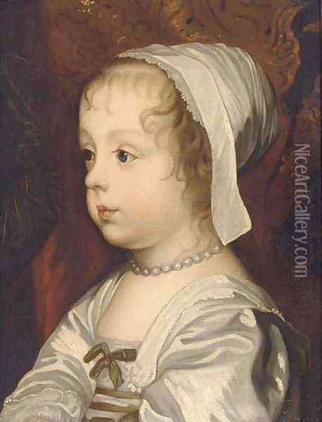 Portrait of a young girl, thought to be Princess Mary (B.1631), bust- length, in a white dress with green ribbon Oil Painting - Sir Anthony Van Dyck