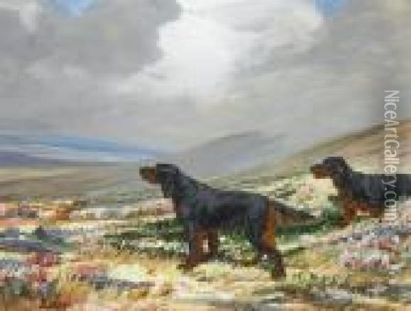 Gordon Setters In A Highland Landscape Oil Painting - Binks, R. Ward