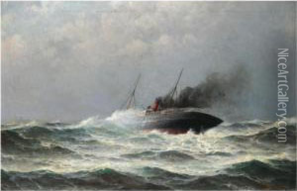 Steamship In Heavy Seas Oil Painting - Lars Laurits Larsen Haaland