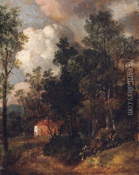A Country House In A Wooded Landscape Oil Painting - Thomas Gainsborough