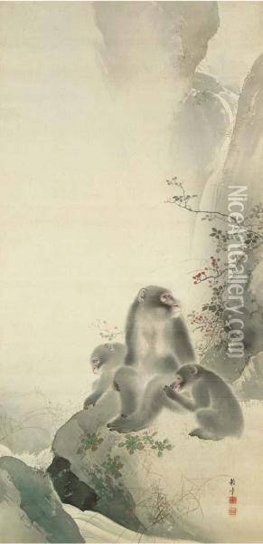 Three Monkeys On Bank By A Waterfall Oil Painting - Tanaka Raisho