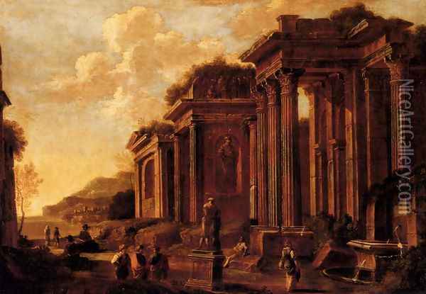 An architectural capriccio with figures amongst ruins Oil Painting - Giovanni Ghisolfi