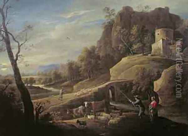 Landscape with Farmers tending their Animals Oil Painting - Pieter the Younger Mulier