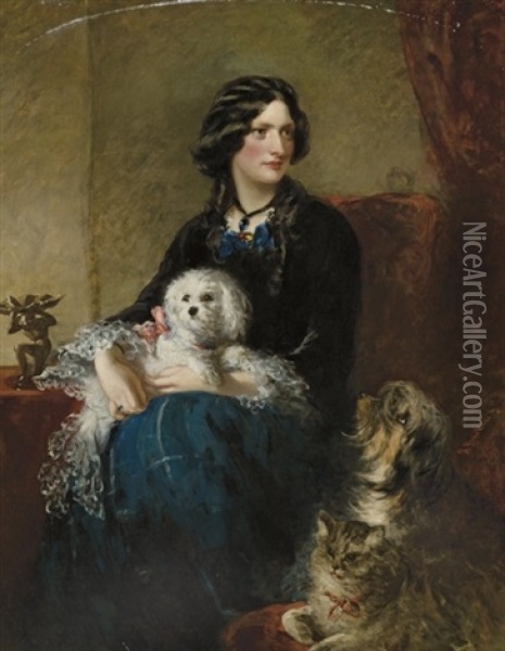 Portrait De Lady Alfred Paget Aves Son Chien Maltais Sur Les Genoux Oil Painting - Richard Buckner