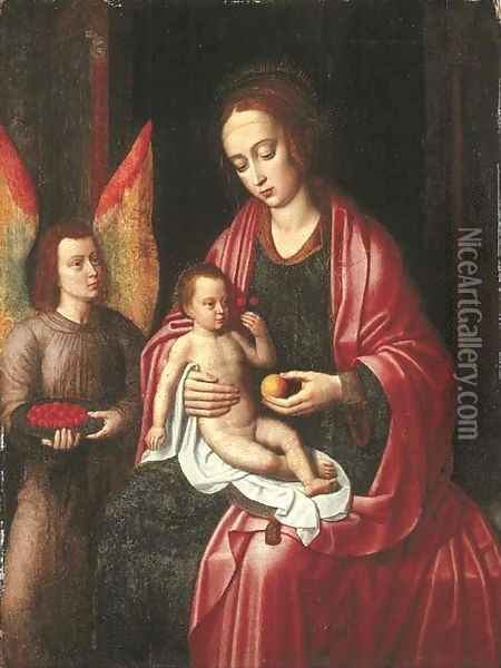 The Virgin and Child attended by an angel with a bowl of cherries Oil Painting - Ambrosius Benson