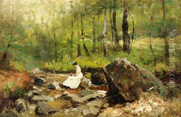 Woman Writing In Rock Creek Oil Painting - David Kindleberger
