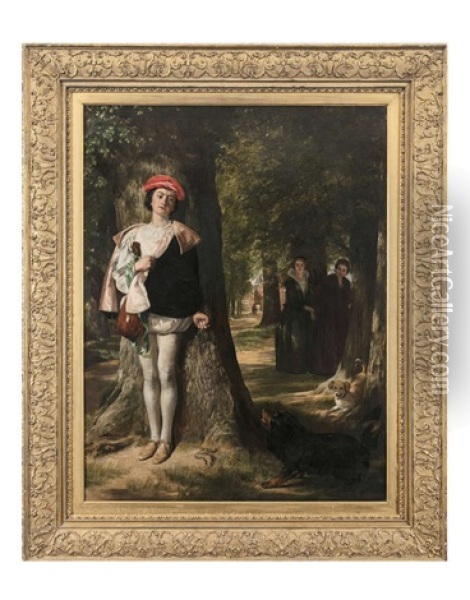 A Court Musician Hiding From Ladies Oil Painting - John Callcott Horsley