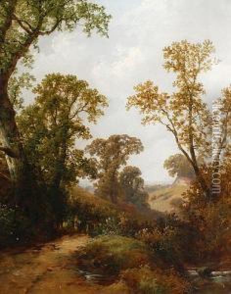 Crossing A Country Stream; A Mountain Walk, Apair Oil Painting - Thomas Stanley Barber