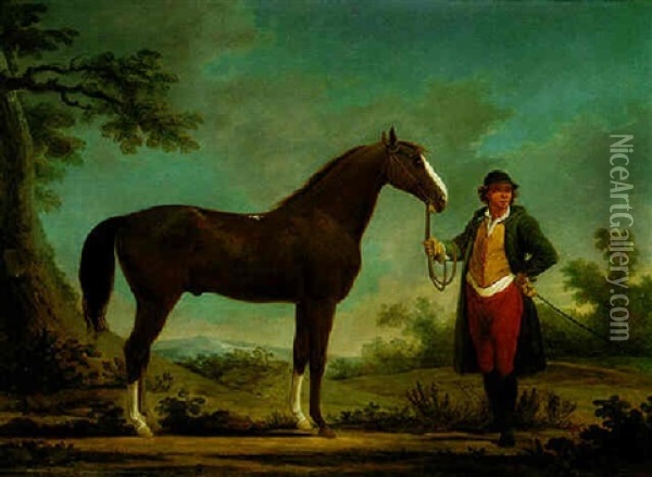 A Bay Hunter Held By His Owner In A Landscape Oil Painting - George Garrard