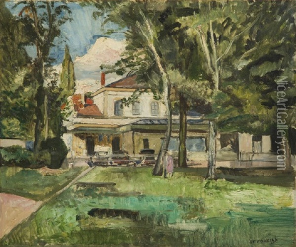 View Of A House In A Garden Oil Painting - Nathan Grunsweigh