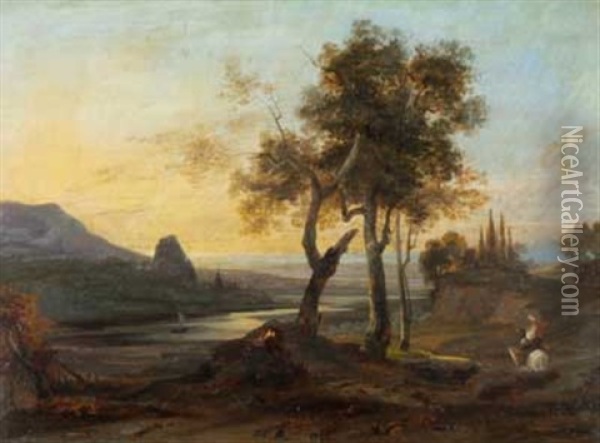 Spatsommerabend In Italien (study) Oil Painting - Johann Wilhelm Schirmer
